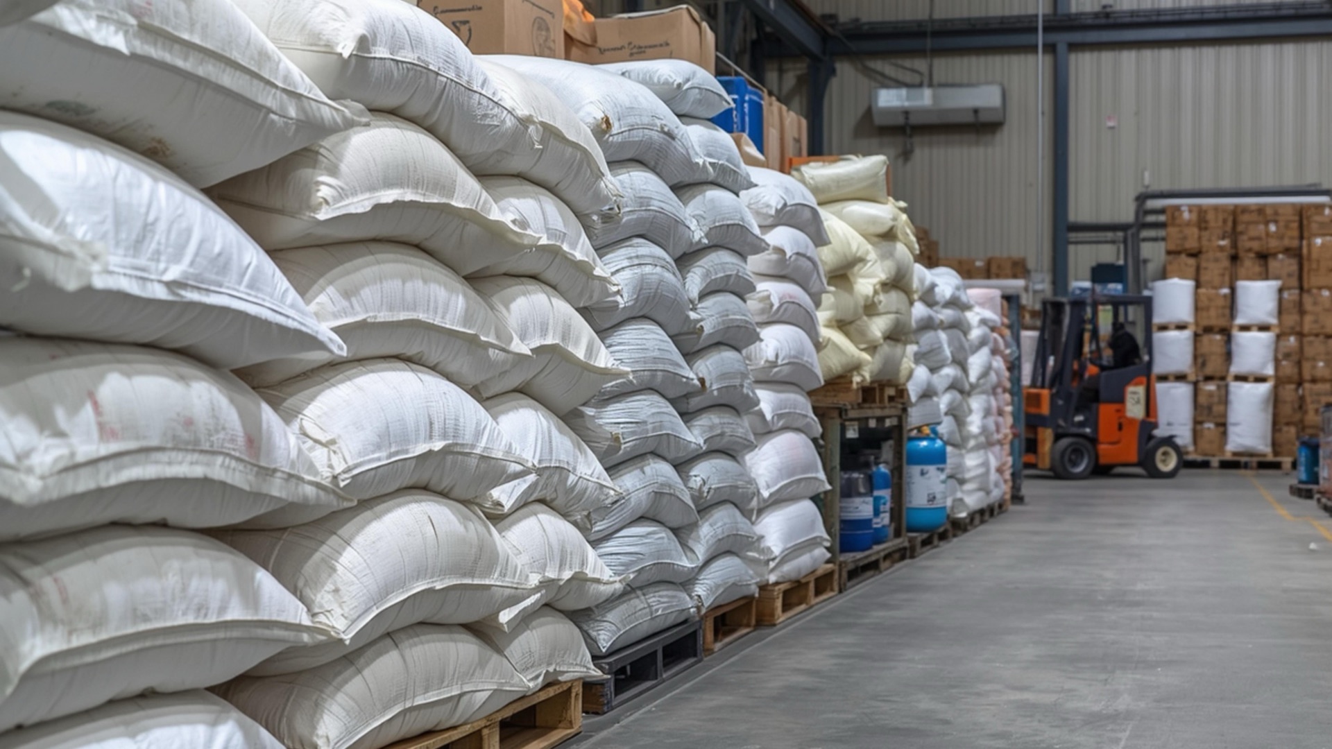 Industrial chemicals and raw materials stored in bulk sacks in a warehouse