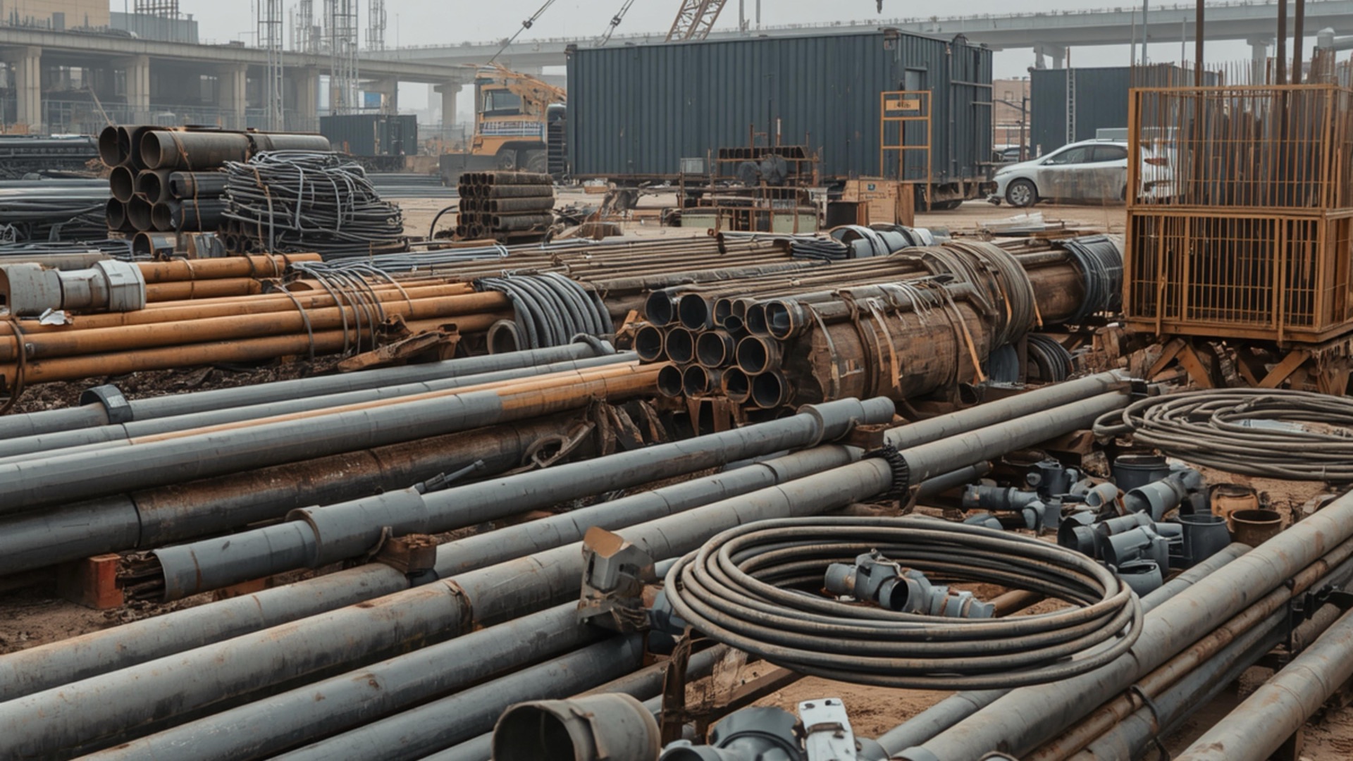 Construction pipes, steel products, cables, and project materials on site