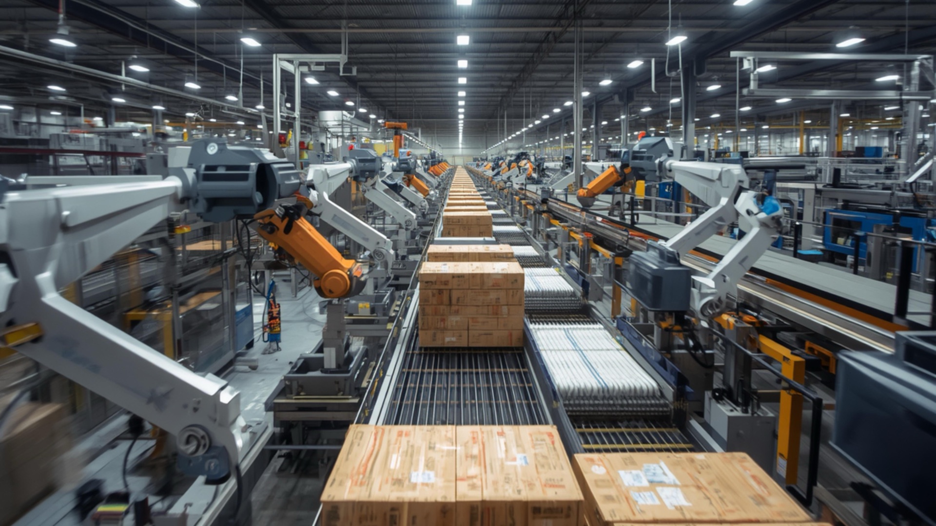 Automated packaging machinery and robotic production line in an industrial factory