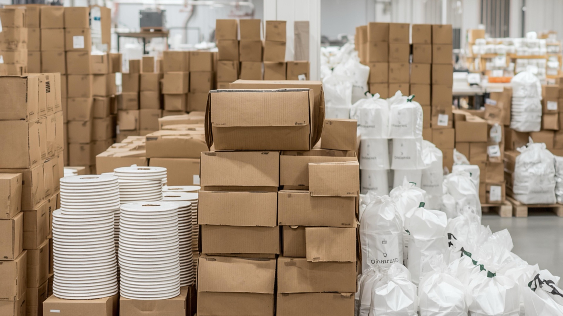 Packaging and paper products including boxes, plates, and bags in warehouse storage