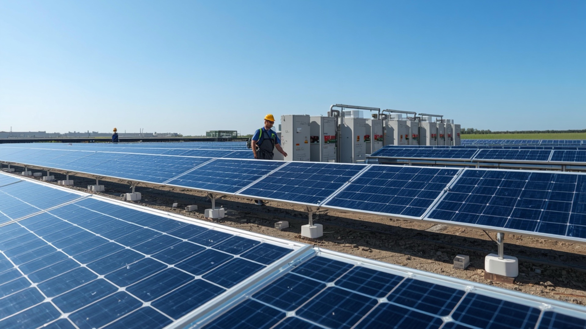 Solar panels, inverters, and mounting systems at a solar energy installation
